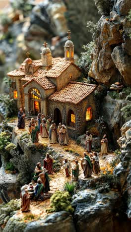 detailed nativity scene with figures around a rustic building