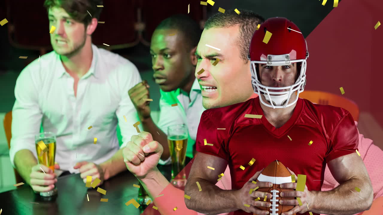 술집에서 술을 마시는 다양한 친구 그룹에 대한 콘페티와 아메리칸  ⁇ 볼 선수의 애니메이션
