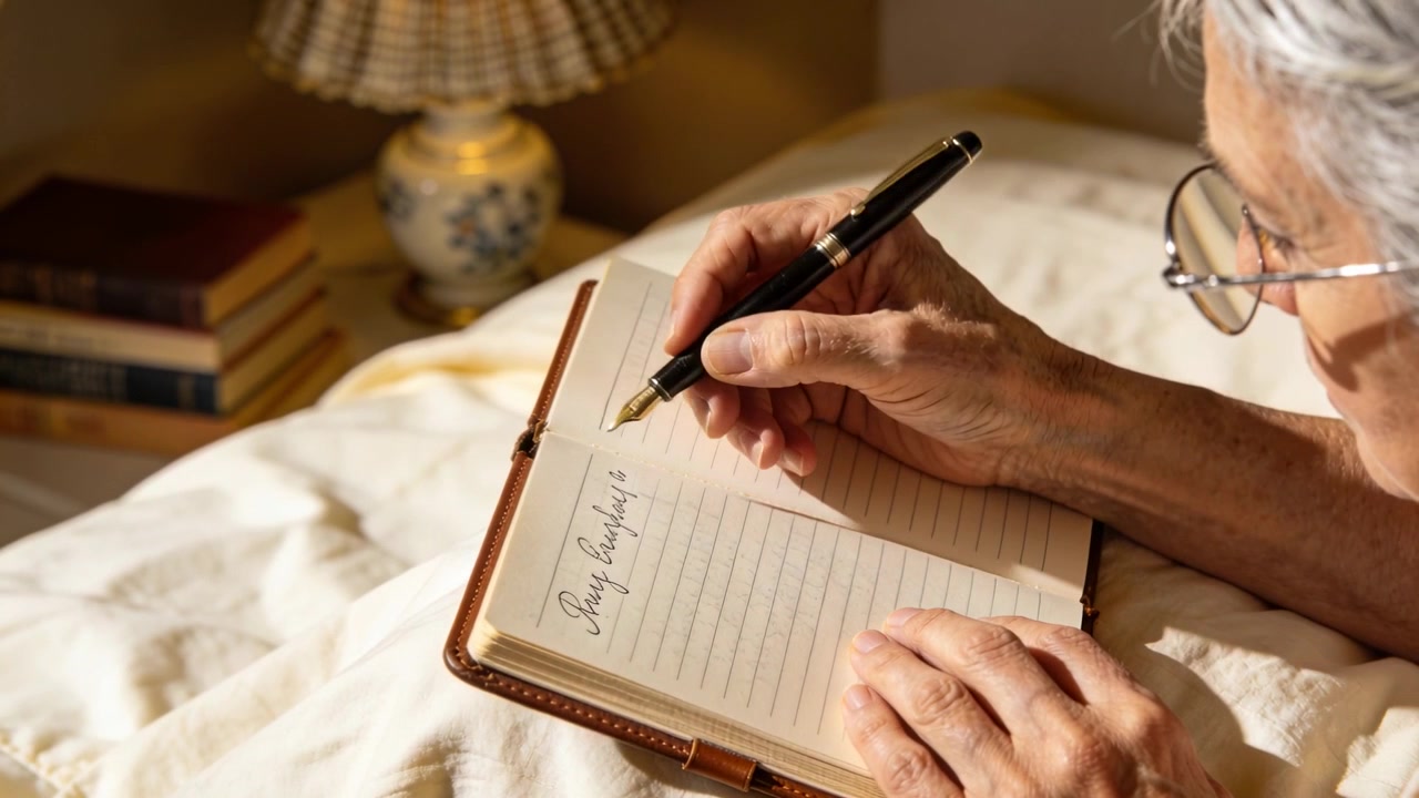Anziano che scrive con gli occhiali, lampada accesa, che scrive un saluto in corsivo sul letto con una penna stilografica