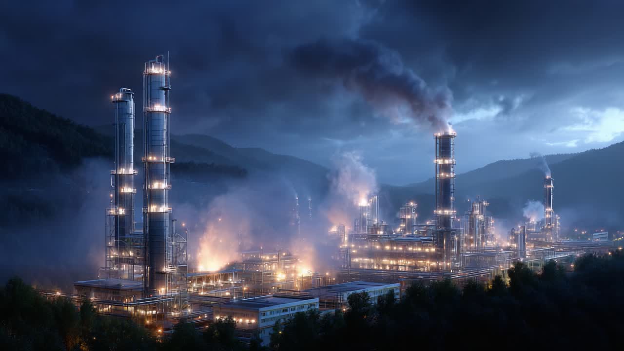 A Majestic Industrial Complex Illuminated in the Night, Showcasing Towers, Smokestacks, and Glowing Lights Amidst a Dramatic Landscape of Mountains and Clouds