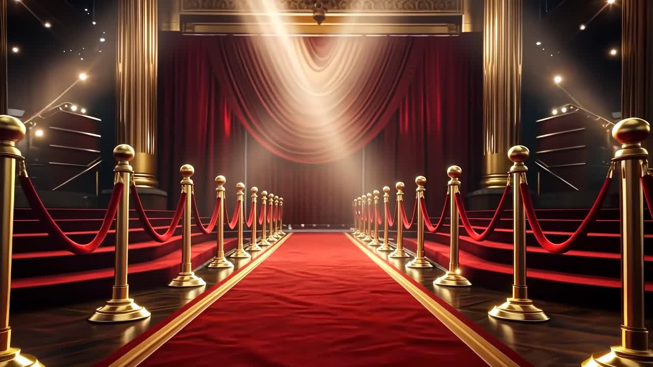 Elegant theater entrance with red carpet and golden stanchions, captured from a low angle