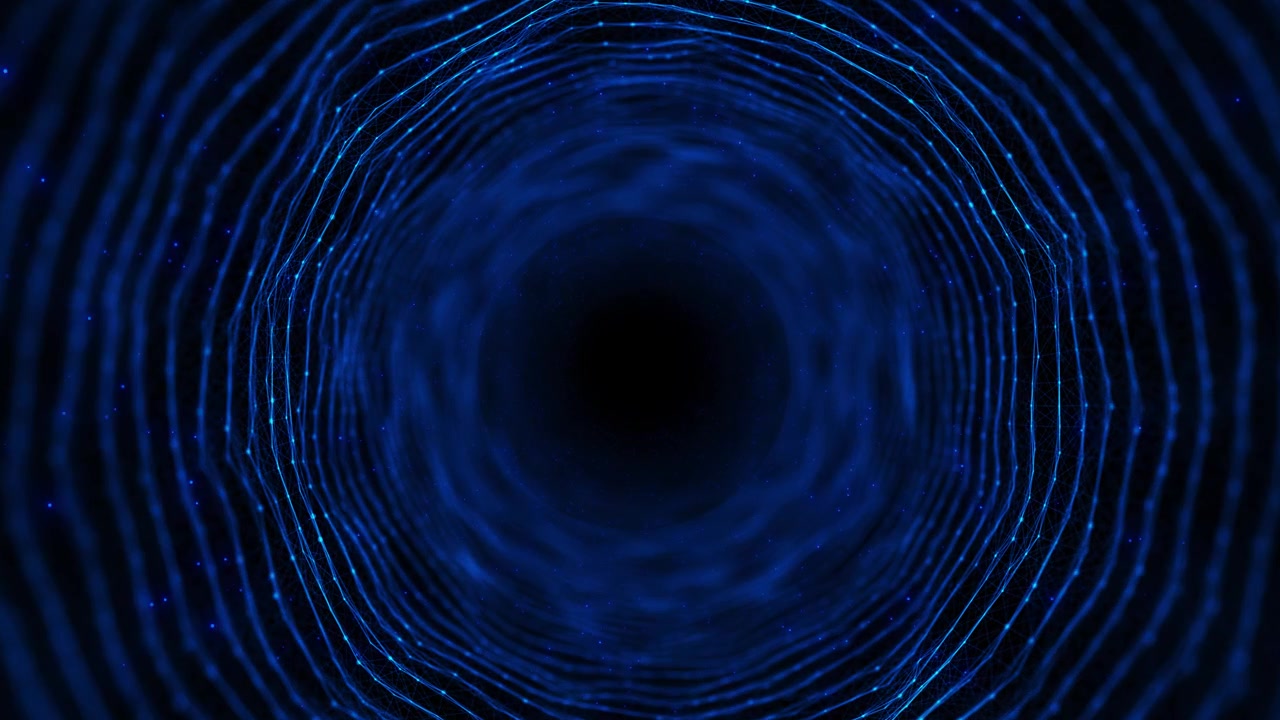 Deep blue digital vortex visual with layered ring waves wire mesh particles and central black portal