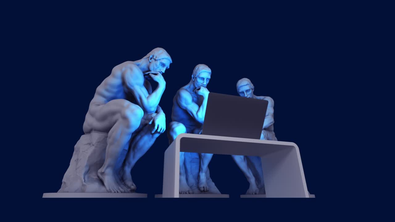 tres pensadores con una computadora y uno de ellos tiene una bombilla brillante por encima de su cabeza como símbolo de una nueva idea.