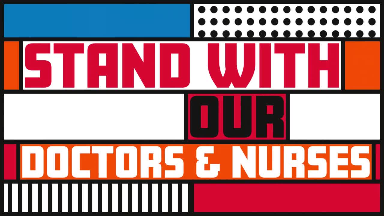 animación de palabras con nuestros médicos y enfermeras escritas en banderas coloridas en movimiento