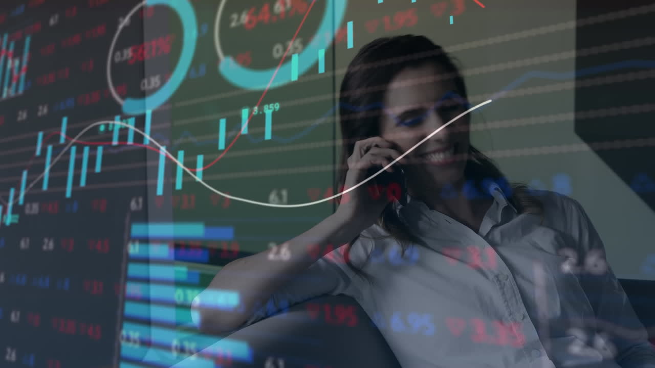 Animation of data processing over caucasian businesswoman