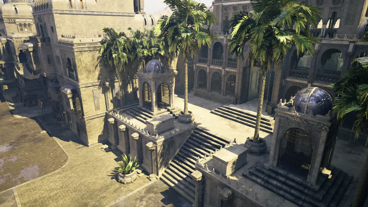 Scalinata baciata dal sole che si apre su un tranquillo cortile con ombre.