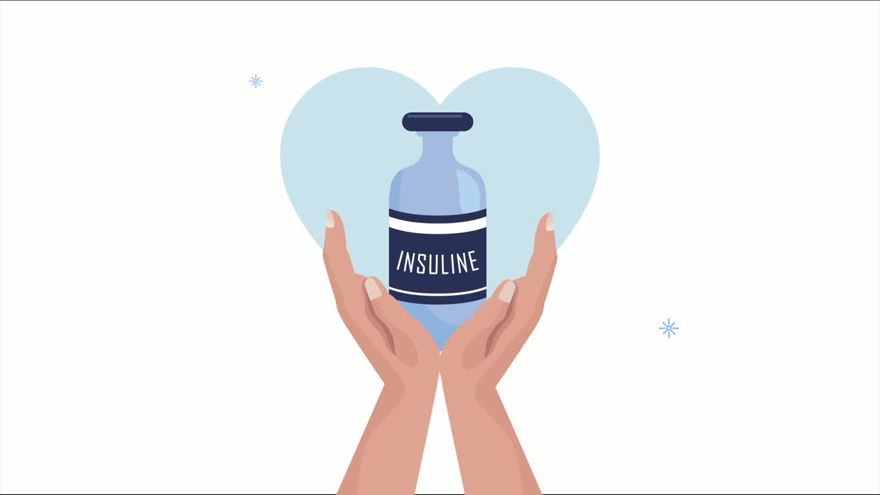 diabetes disease animation with hands lifting insuline bottle and heart