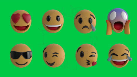 animación de la red de conexiones sobre filas de iconos de emoticones emoji sobre pantalla verde
