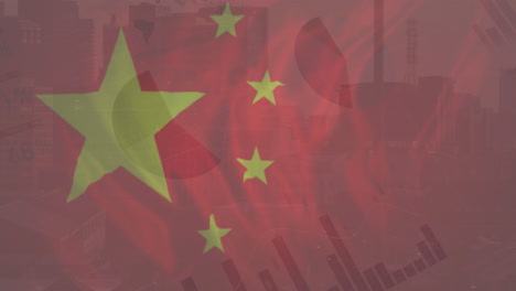 animation of flag of china and financial data processing over cityscape