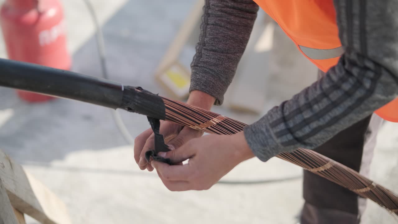 proceso de instalación de cables eléctricos en una subestación de transformadores