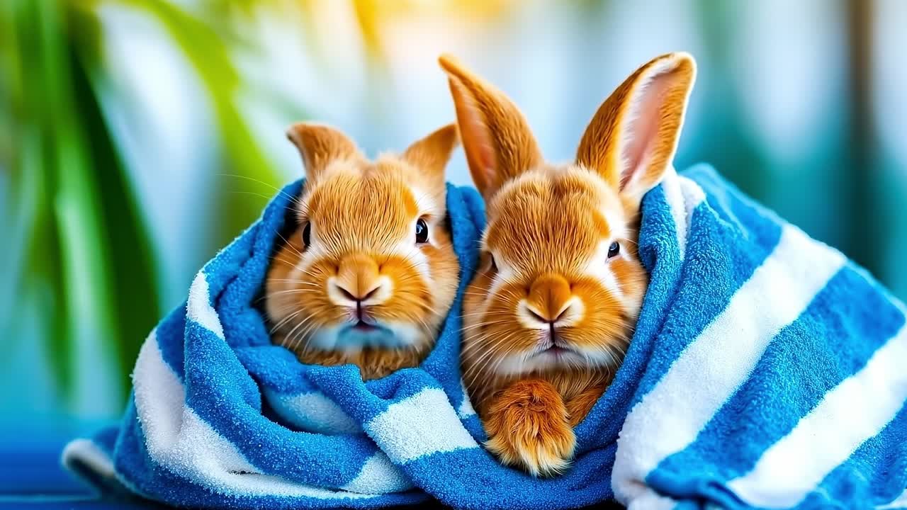Two cute rabbits in a towel
