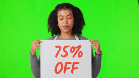 woman holding 75% off sign on green screen