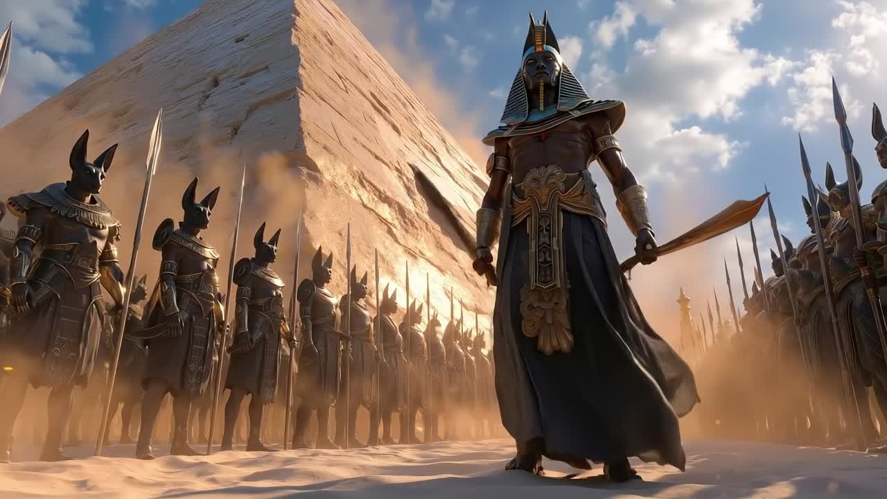 A group of ancient egyptian pharaohs standing in front of a pyramid