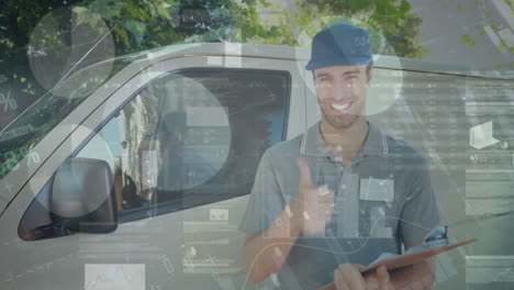 procesamiento de datos estadísticos contra el retrato del repartidor caucásico con el clipboard sonriendo
