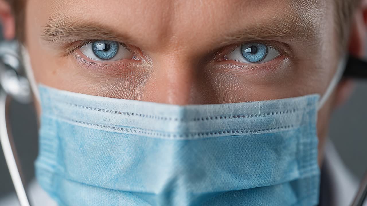 Intense Focus and Determination: A Medical Professional Behind a Surgical Mask Captures Attention with Striking Blue Eyes in a High-Detail Portrait