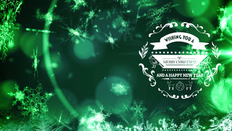 animation of christmas greetings and snow falling over green background