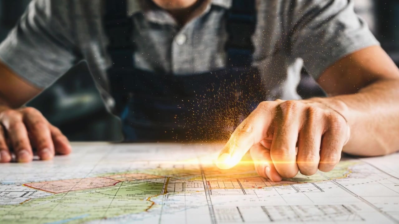Placing index finger down, man in apron tracing blueprint on workbench, marking route with glow