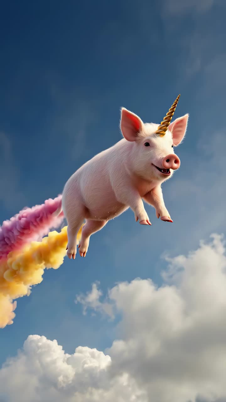 Unicornio alegre de colores del arcoíris volando entre formaciones de nubes esponjosas con un cuerno brillante
