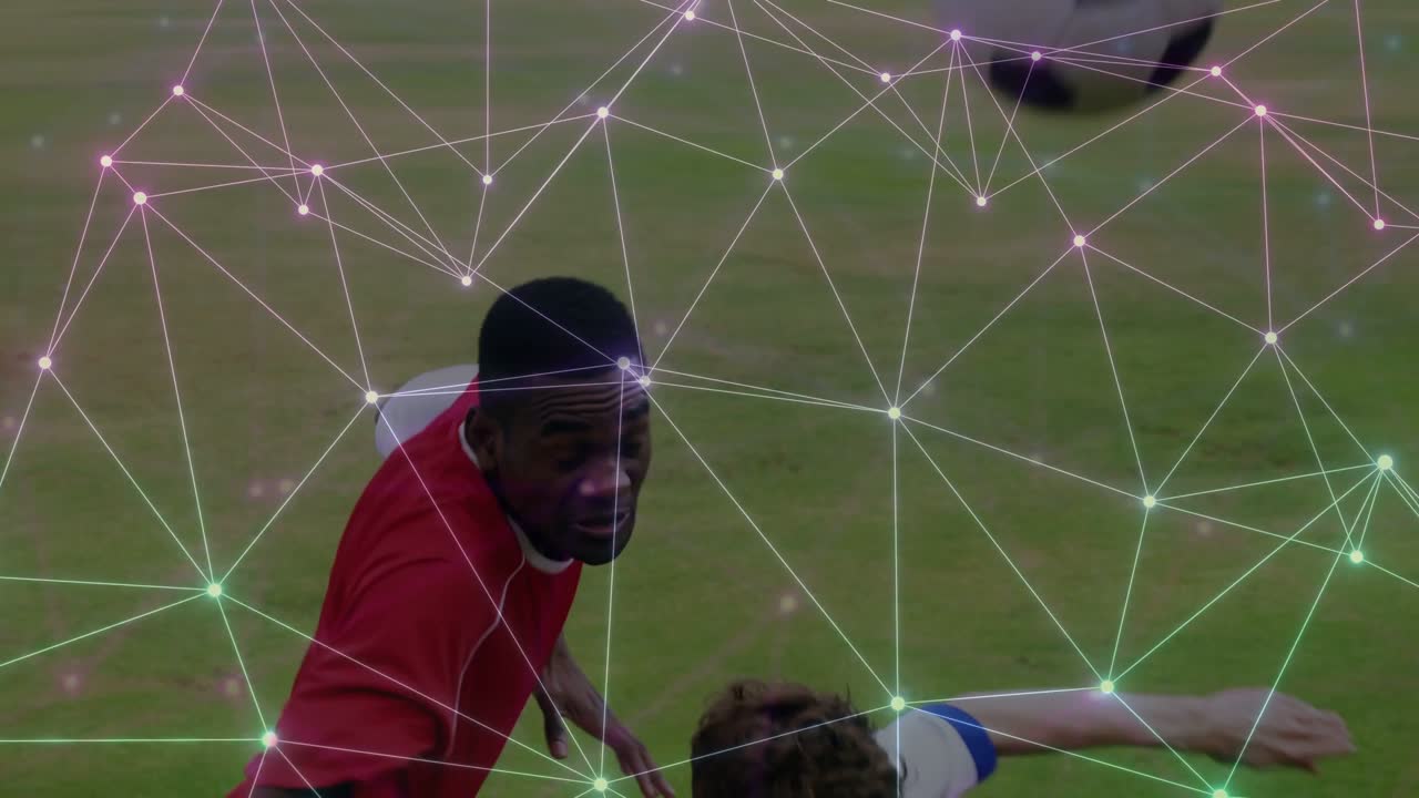 Number 17 tracking incoming ball with red opponent on soccer pitch, network overlay showing vying