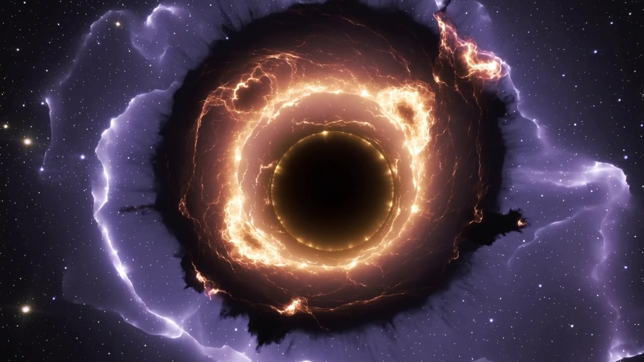 Advancing sequence showing central dark void rotating and flickering at deep space, with fiery ring