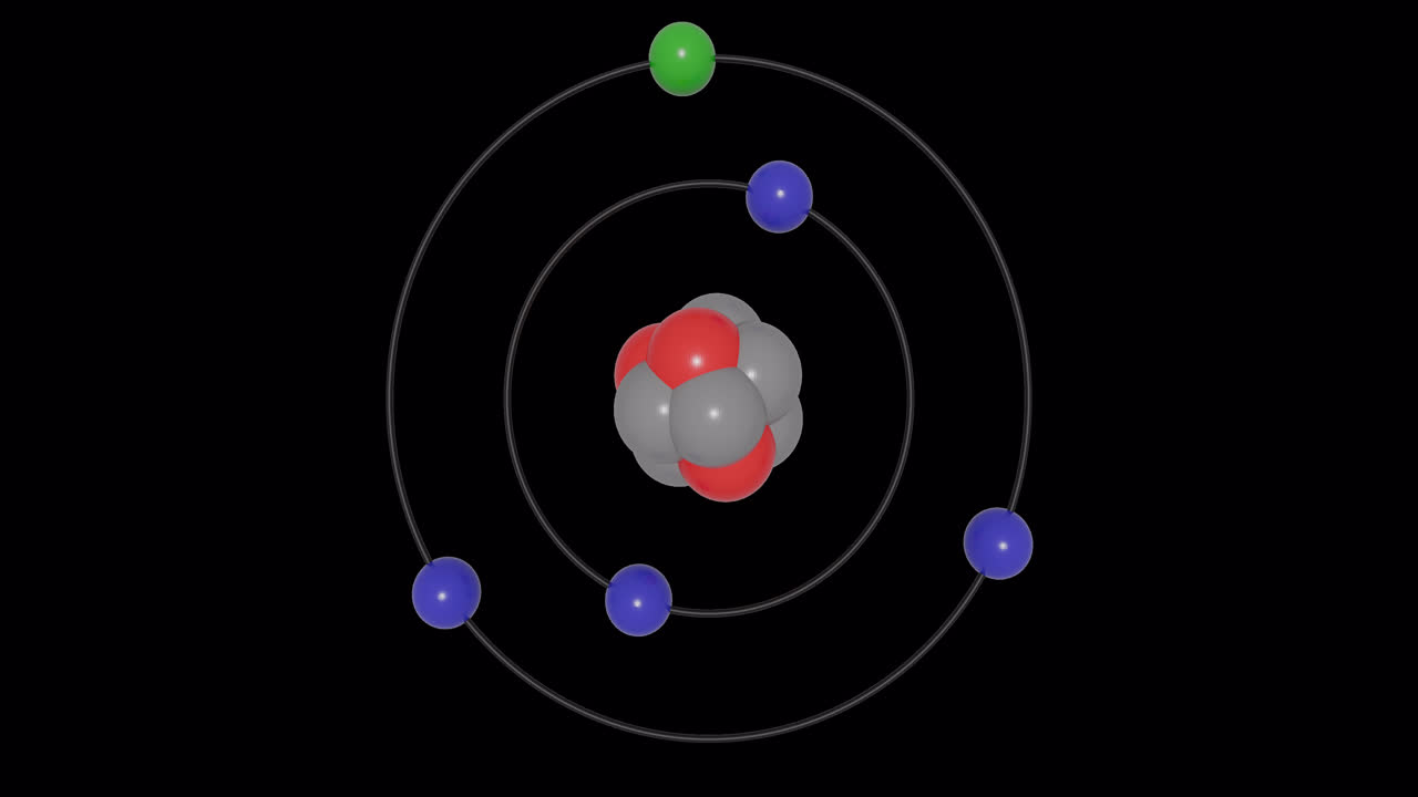 3D animation of a Boron (B) atom in the Bohr model with electron orbits, nucleus, protons and neutrons, energy levels in seamless loop on transparent background. Ideal for STEM education visuals