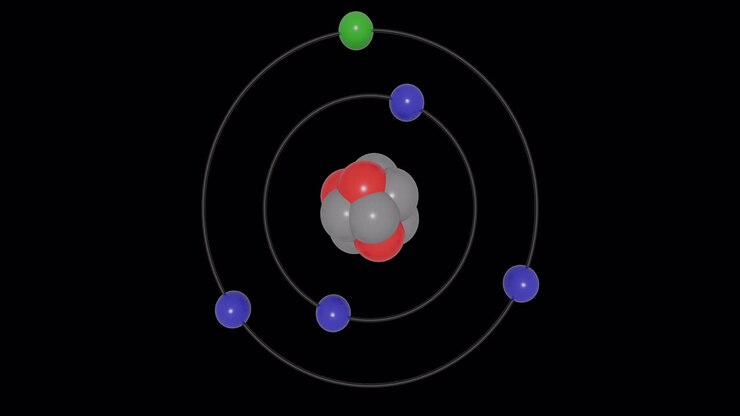 Animazione 3D di un atomo di Boro (B) nel modello di Bohr con orbite elettroniche, nucleo, protoni e neutroni, livelli energetici in loop continuo su sfondo trasparente. Ideale per elementi visivi per l'educazione STEM.