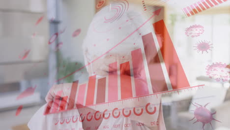animación de células de covid 19 y estadísticas sobre estornudos de mujeres caucásicas mayores
