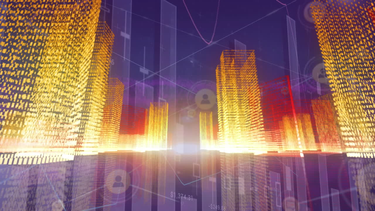 animación del procesamiento de datos estadísticos y red de iconos de perfiles contra el modelo de ciudad 3d.
