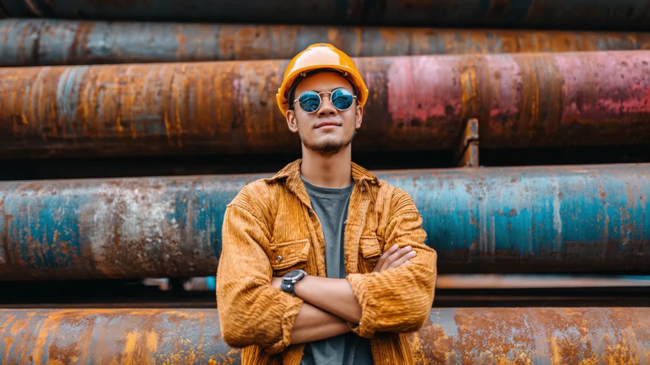 Confident Construction Worker Posing Against Colorful Industrial Pipes, Showcasing Safety Gear and Modern Style in an Urban Environment