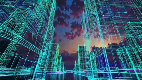 digital wireframe cityscape at sunset