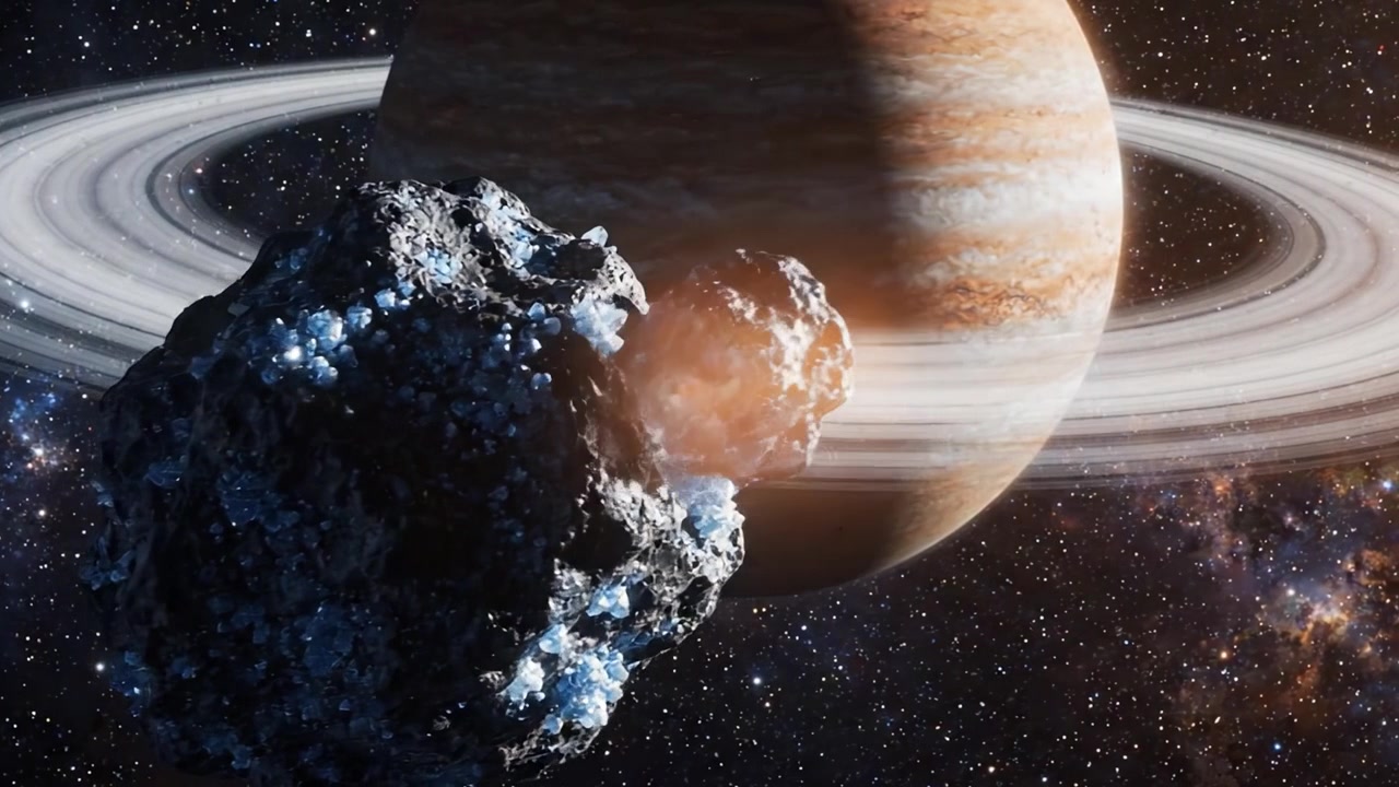 A Stunning Cosmic Scene Featuring Majestic Jupiter Surrounded by Elegant Rings and Mysterious Ice-Rich Asteroids in an Expansive Galactic Background