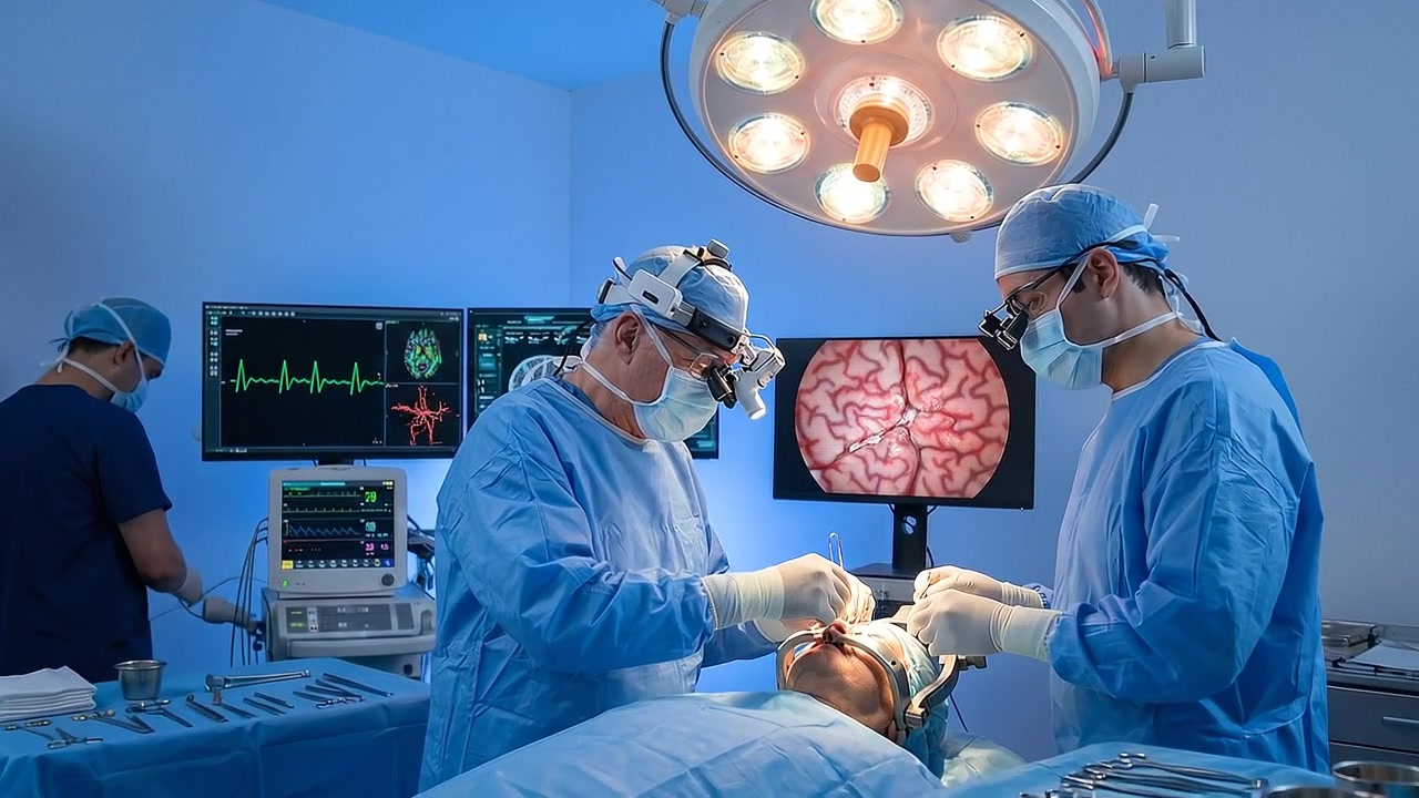 Equipo Quirúrgico Realizando Operación Médica Compleja Bajo Brillantes Lámparas de Quirófano