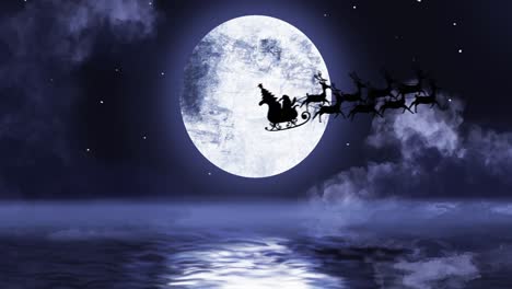 Trineo-De-Santa-Claus-Y-Renos-Volando-Sobre-La-Luna-Y-El-Agua