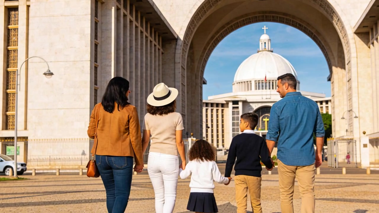 Entrando nella piazza, famiglia che cammina mano nella mano verso un arco, con cappello di paglia e borsa visibili, facendo turismo.
