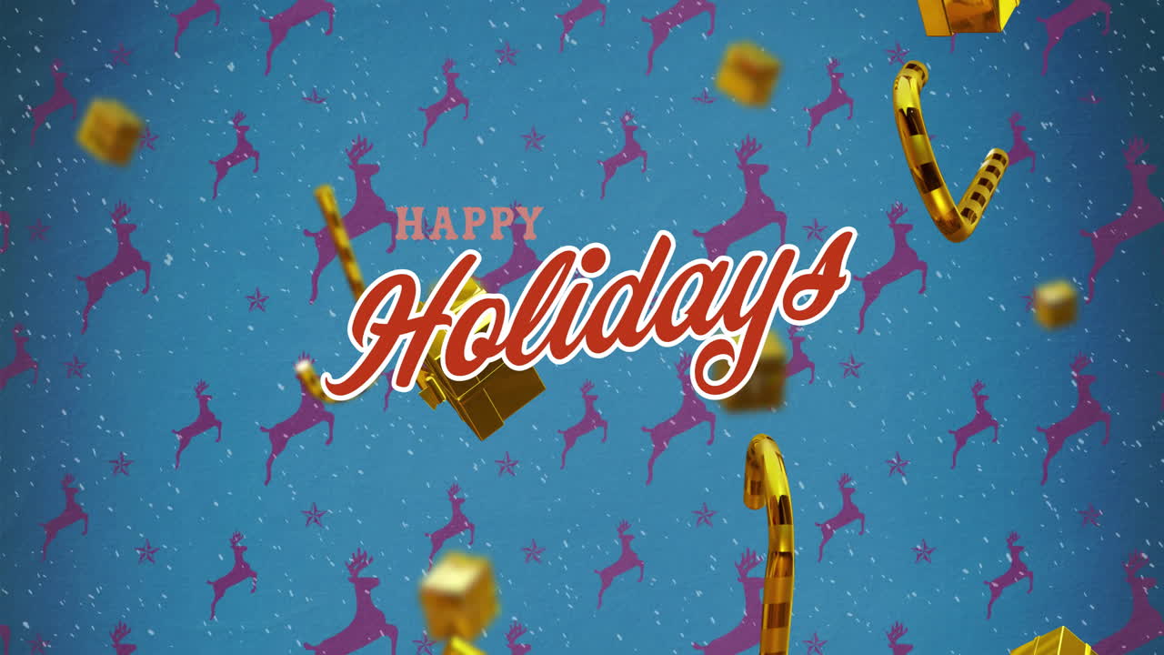 행복한 휴일 텍스트의 애니메이션, 떨어지는 선물 상자, 파란 바탕에 사과 함께 사탕 지이