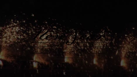 animación de felicitaciones de feliz año nuevo sobre la decoración y fuegos artificiales en el fondo