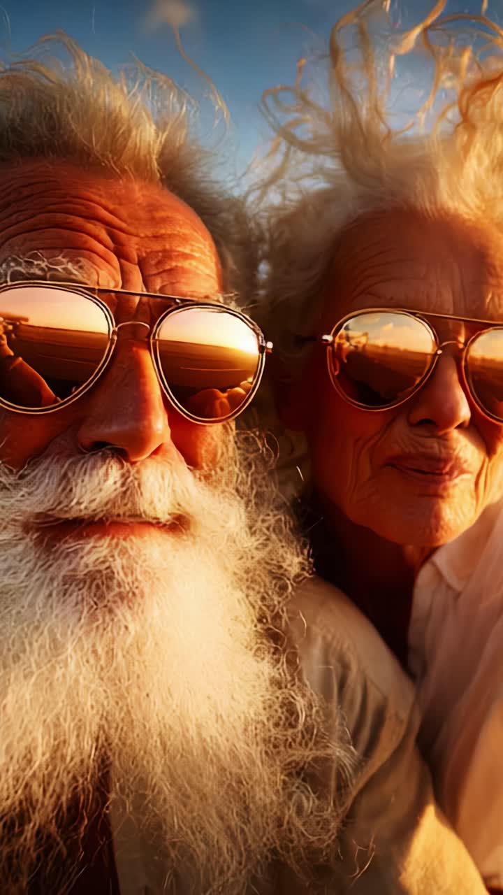 Elderly couple sharing a moment at sunset, displaying joy and connection through their smiles, with long white hair and stylish sunglasses reflecting the sky