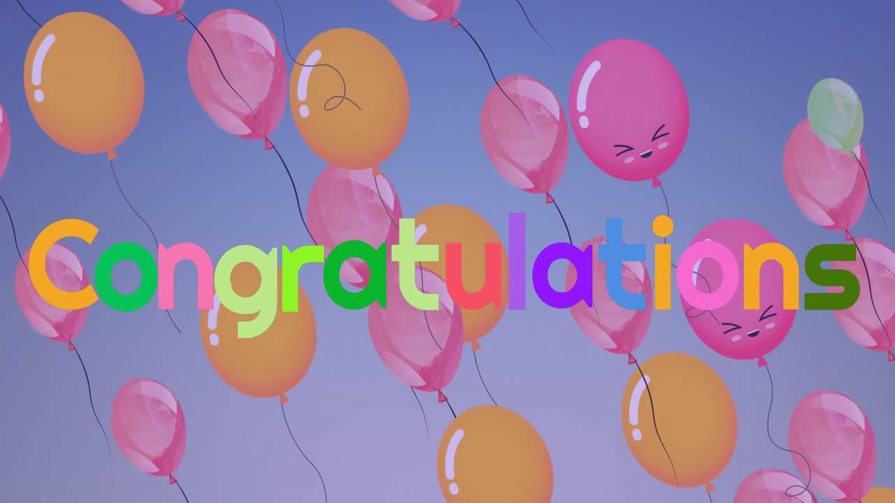 파란색 배경에 떠다니는 다채로운 풍선과 축하의 애니메이션