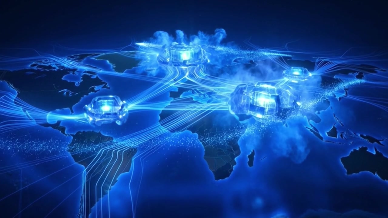 Digital Global Network Connection with Glowing Data Nodes on World Map
