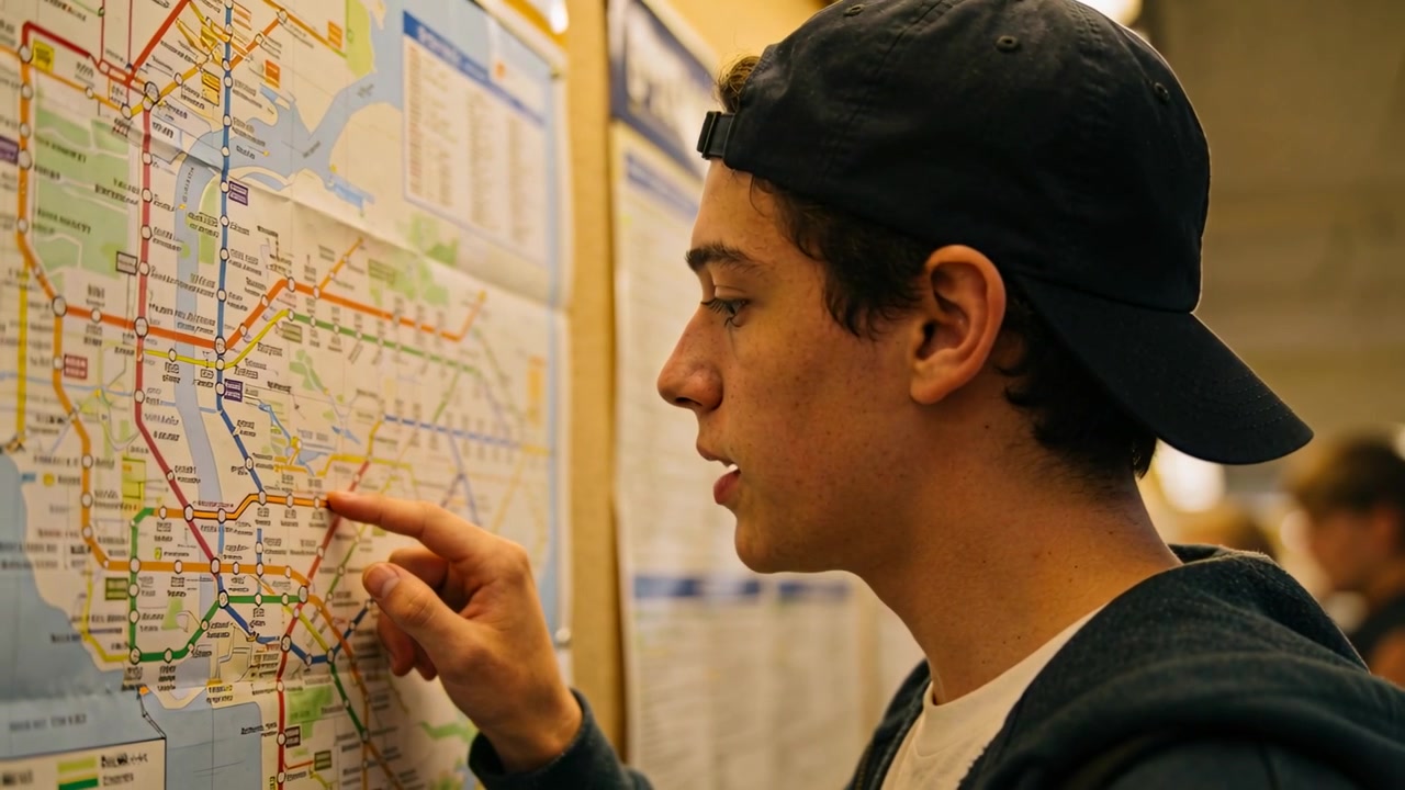 Needing route, teen in hoodie tracing transit map, checking timetables at station, copy space