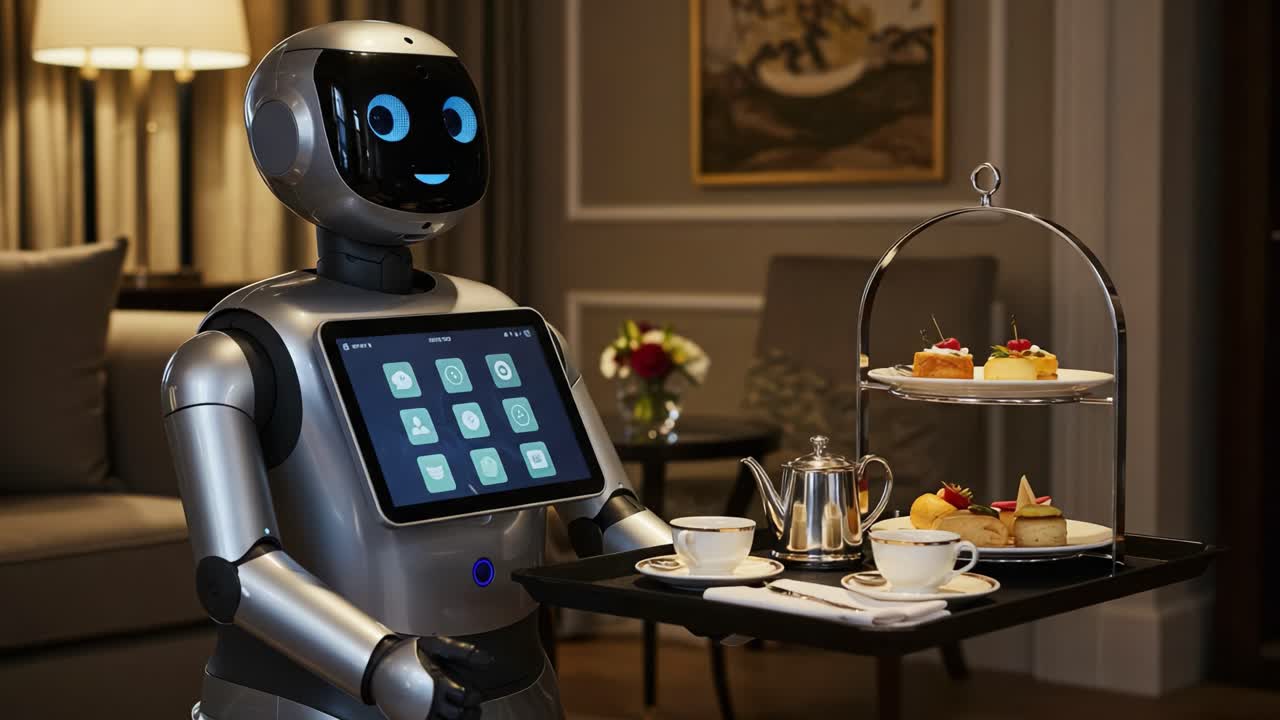 A Friendly Robot Serves Afternoon Tea with Perfect Precision and Style, Showcasing Advanced Technology and Hospitality in a Luxurious Setting