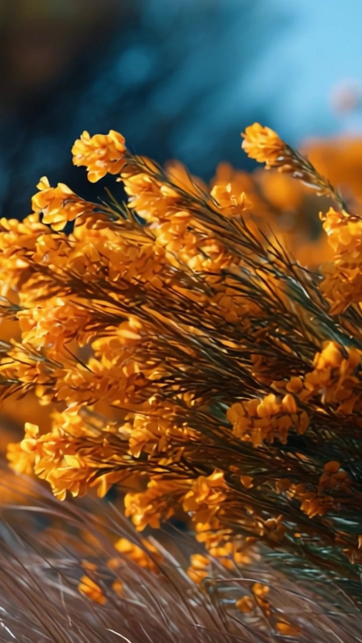 Fiori gialli vivaci ondeggiano dolcemente sotto la luce del sole, mettendo in mostra la loro bellezza contro uno sfondo blu tenue, creando un'atmosfera serena e allegra