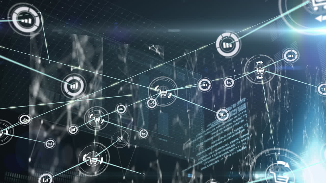 Animation of network of connections with icons and data processing over computer servers