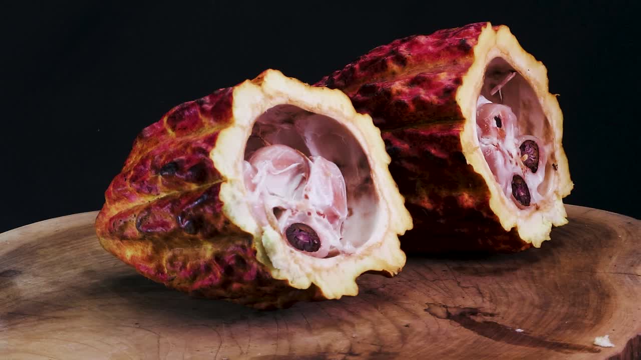 rotación de la vaina de la fruta del cacao cortada por la mitad - theobroma cacao