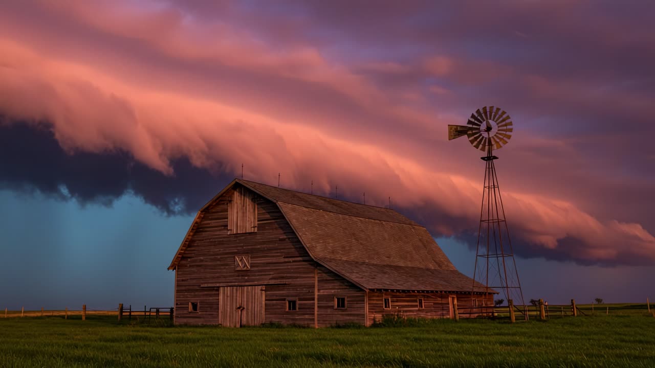 Breathtaking Rustic Barn Amidst Dramatic Storm Clouds and Windmill: A Stunning Display of Nature's Power and Tranquility in the Open Fields