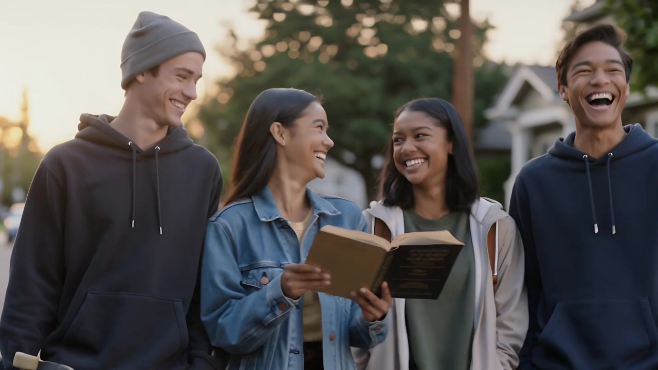 Aprendo un libro, una ragazza in jeans legge ad alta voce condividendo una battuta, camminando per strada al tramonto con amici che ridono.