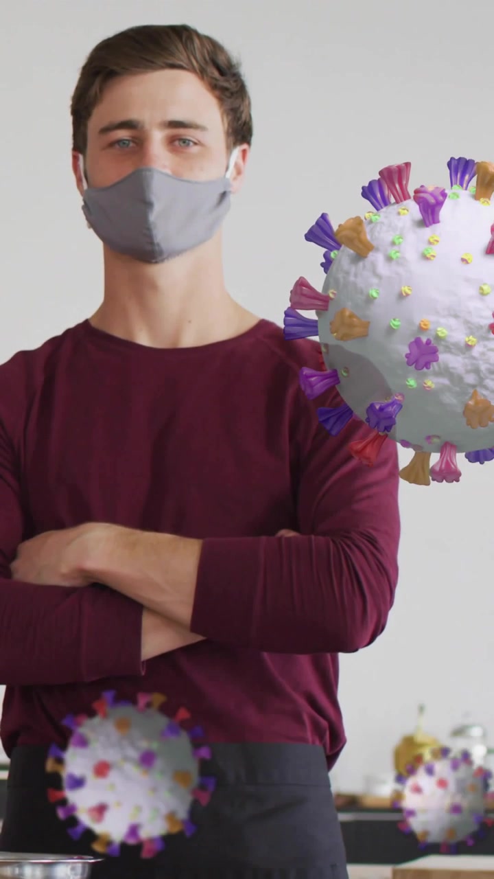 Mand med maske ved skranken, virus dukker op og vokser, skjuler ansigt og viser sundhedsrisiko