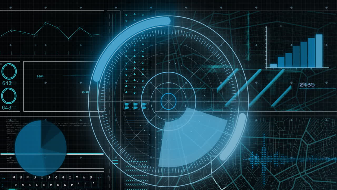 animación del escáner circular y procesamiento de datos en la interfaz con fondo negro.