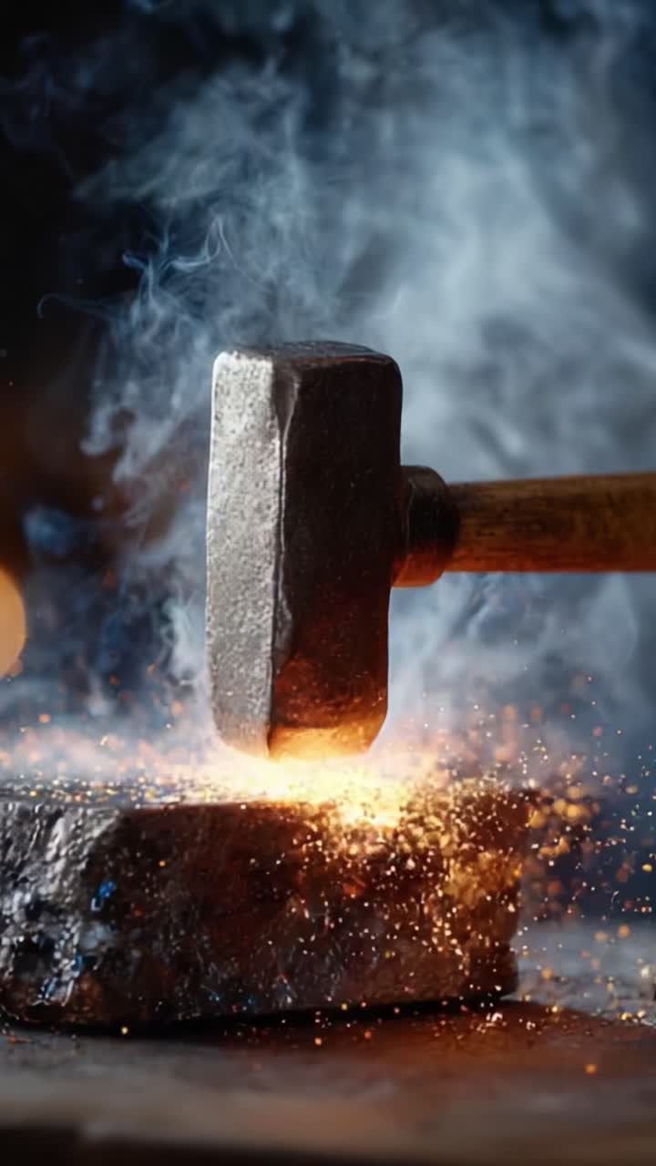 Uno sguardo all'arte della lavorazione del ferro: il martello colpisce l'incudine, accendendo scintille e fumo in una danza di fuoco e metallo che forgia la trasformazione