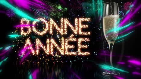 animation of happy new year greetings over glass of champagne and fireworks exploding